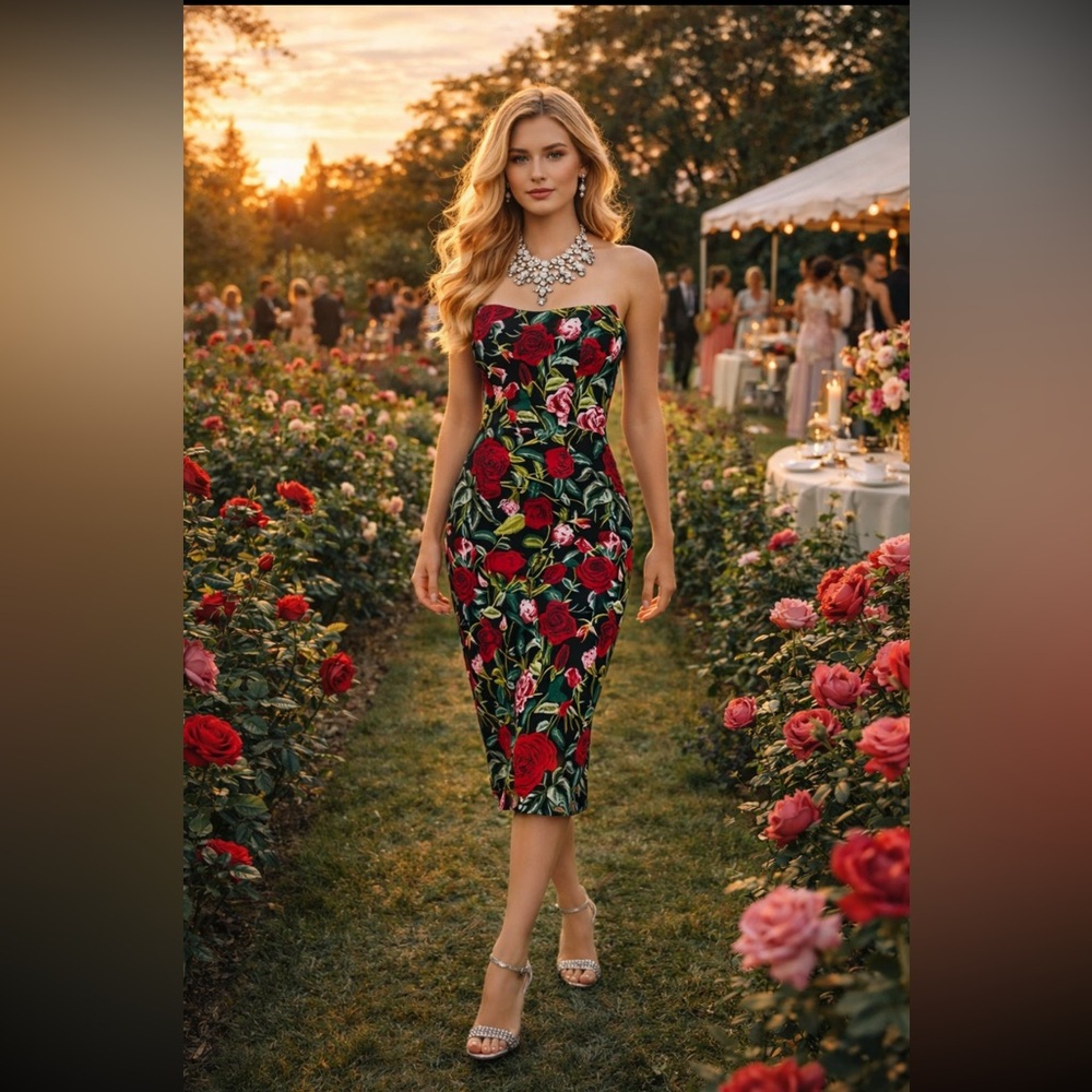 Strapless Black Floral Midi Dress with Red Rose Print